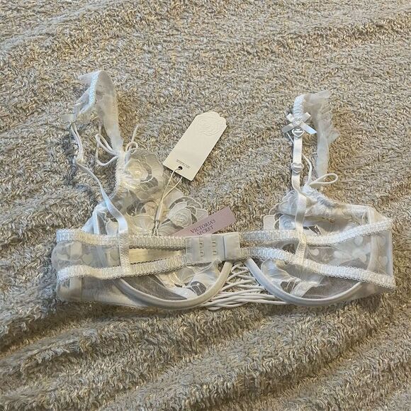 For Love & Lemons Amore Lace Bra 34C Ivory Heart Embroidered Mesh Bridal Wedding - Picture 6 of 11